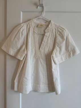 Maeve Cream Pintuck V-Neck Cotton Top